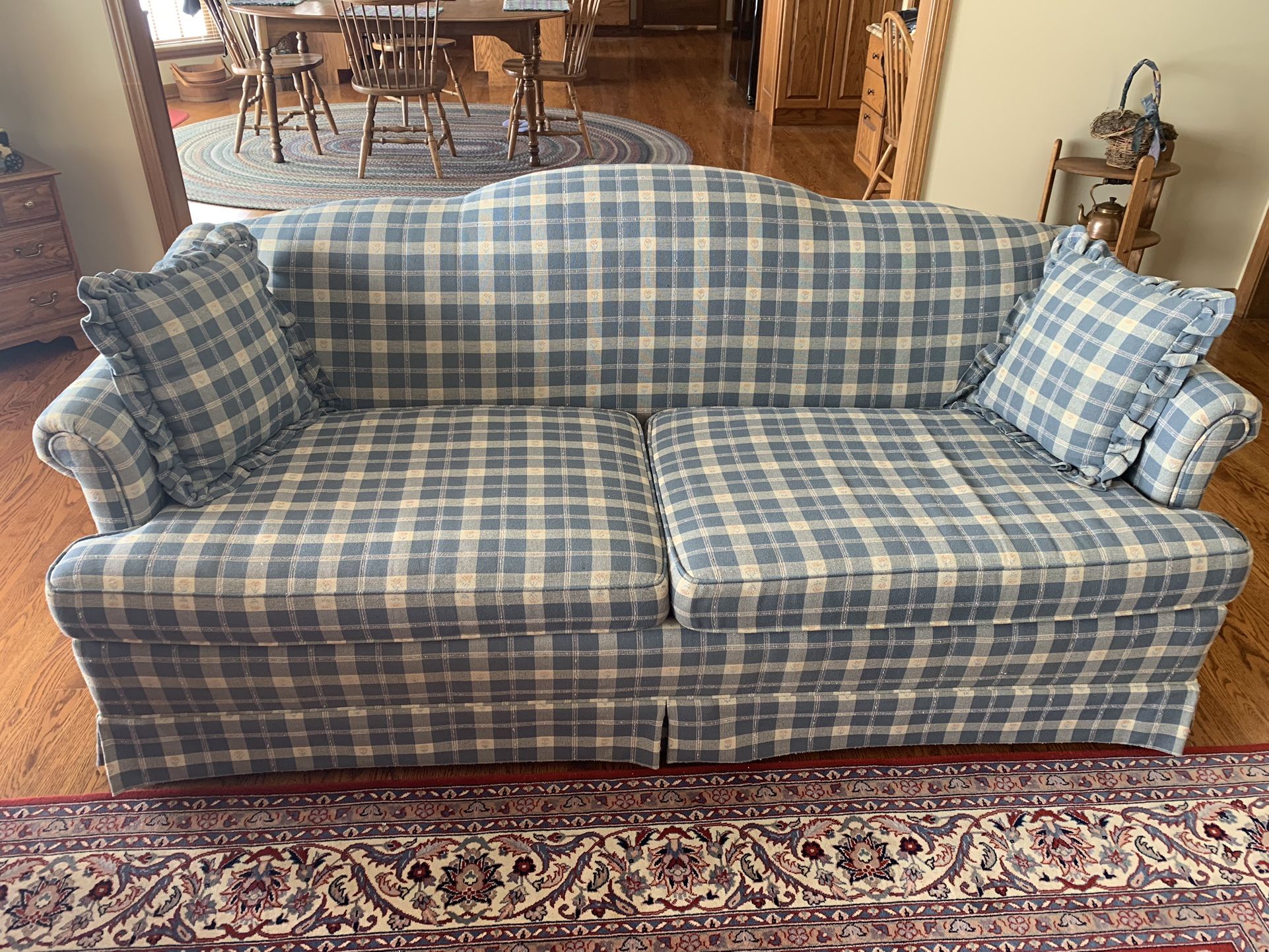 LAINE COUCH,BLUE/CRÈME CHECK,SMALL ROSE FLORAL PRINT,76Wx34Dx34H,VERY NICE!
