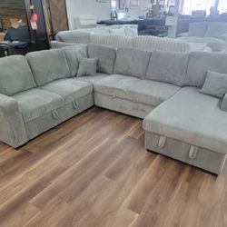 New 4pc Storage Sleeper Sectional In Fog Corduroy 