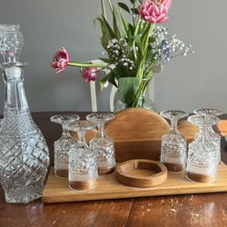 Vintage Crystal Decanter And Wine Glass Set 