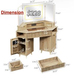 ✌️ ENSTVER Corner Vanity with Clear Glass Top, 47" Corner Makeup Vanity Desk with Large Mirror and Lights, Fluted Wooden Vanity