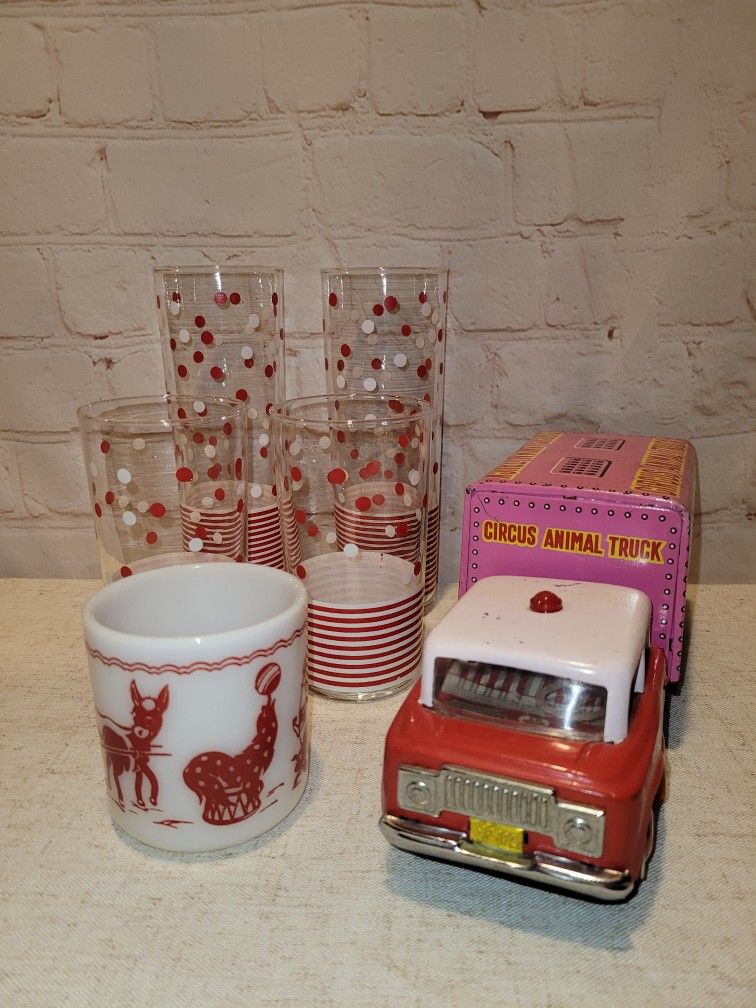 Vintage Libbey Red & White Striped & Dots Glasses + HA Circus Mug & Circus Truck