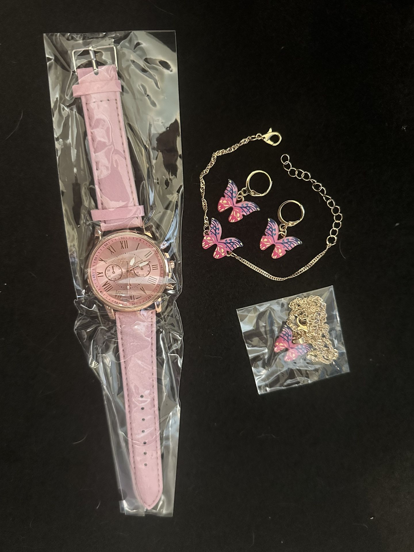 Pink Watch , Butterfly Bracelet-Necklace-Earrings