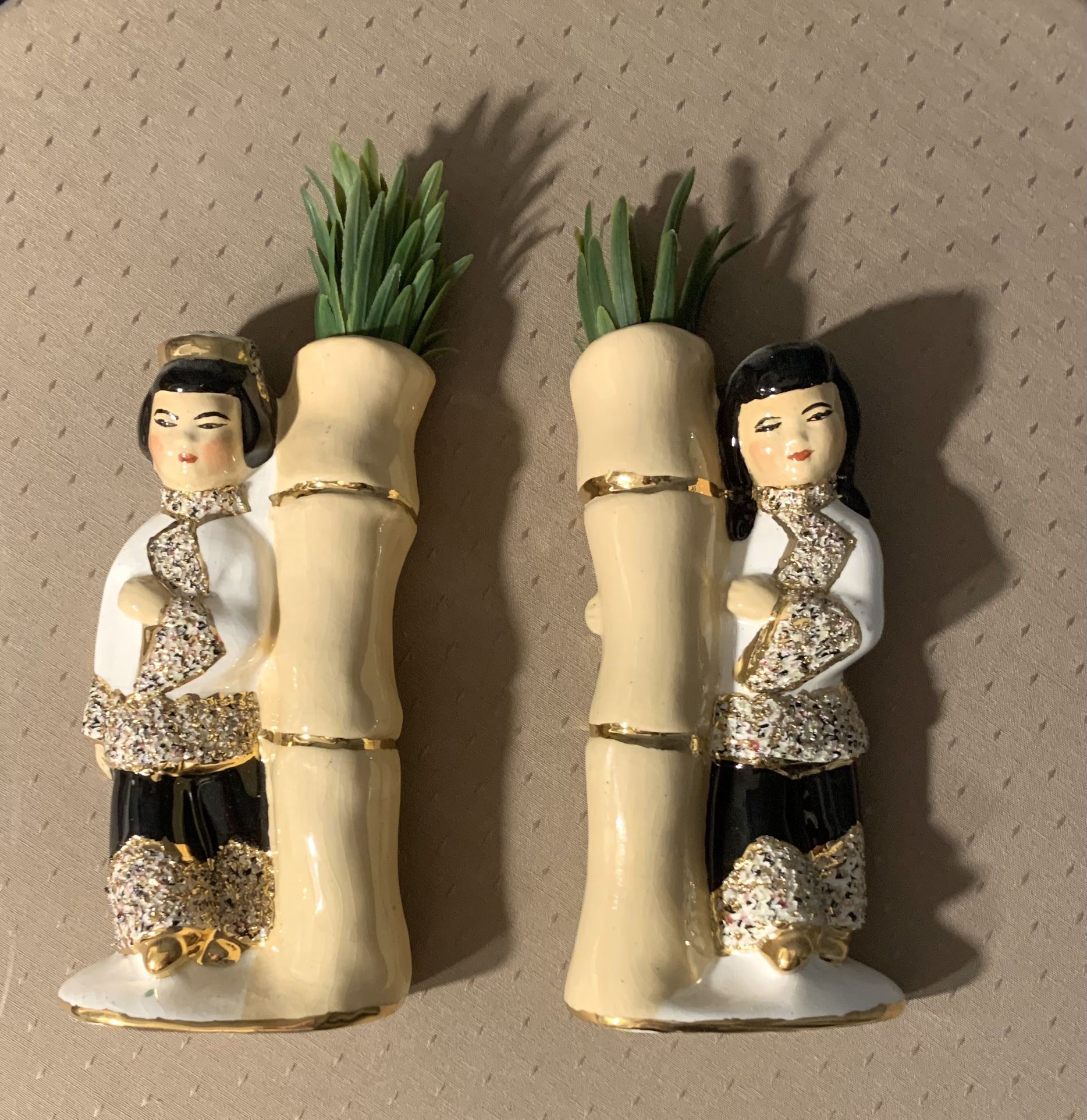 Vintage Japanese Figures with Bamboo
