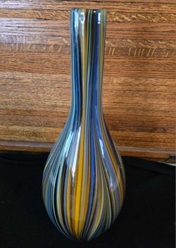 Beautiful Vitange Glass Peacock Feather Striped Handblown Vase Xposted