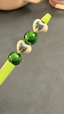 Beaded Ballpoint Pen Green Butterfly Heart