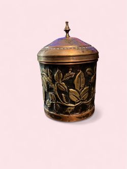 Antique/Vintage Brass and Copper lidded canister - embossed leaf design