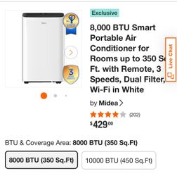 8,000 BTU Smart Portable Air Conditioner for Rooms up to 350 Si Ft. with Remote, 3 Speeds, Dual Filter, Wi-Fi in White