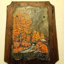 New England Folk Art Painting On Slate Mounted On A solid Wood Plaque