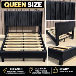 QUEEN SIZE Black Velvet Upholstered Platform Bed Frame – Cleaned & Ready!