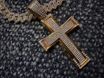 Gold-Tone Iced Out Cross Pendant Cuban Chain