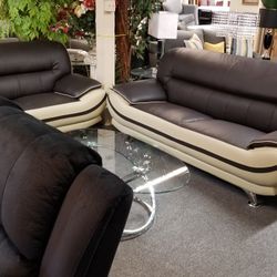 Brand New Brown/Biege Bonded Leather Modern Sofa + Loveseat 2PCs Set