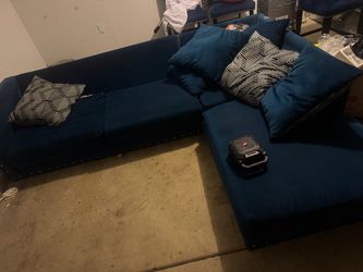 Blue Velvet Sectional Sofa with Nailhead Trim