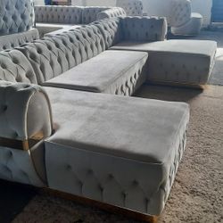 Brand New Gray Velvet Double Chaise Sectional 
