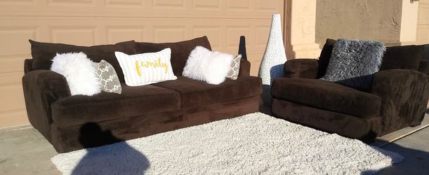 Brown "Jonathan Louis" deep-seated corduroy couch and chair