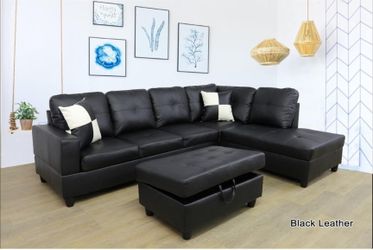 Black Faux Leather 3 Seater Sectional Sofa With Ottoman 