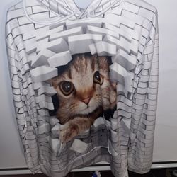 Cat Print White Hoodie Mens Size Small