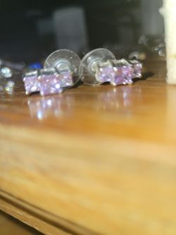 Silver-Tone Triple Princess-Cut Pink Cubic Zirconia Stud Earrings