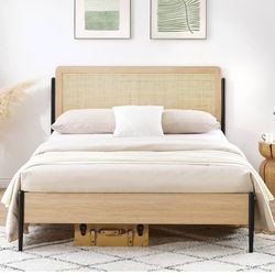 Full Size Bed Frame With Rattan Headboard 