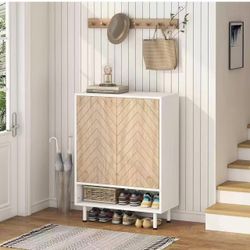 New assembled Shoe Cabinet, 18 Pair Rack Organizer Cabinet with Door, 6-Tier Modern Storage Shelves for Entryway Hallway Closet, White and Brown