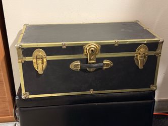 Old Vintage Trunk Steamer Chest Black Brass Metal good Latches