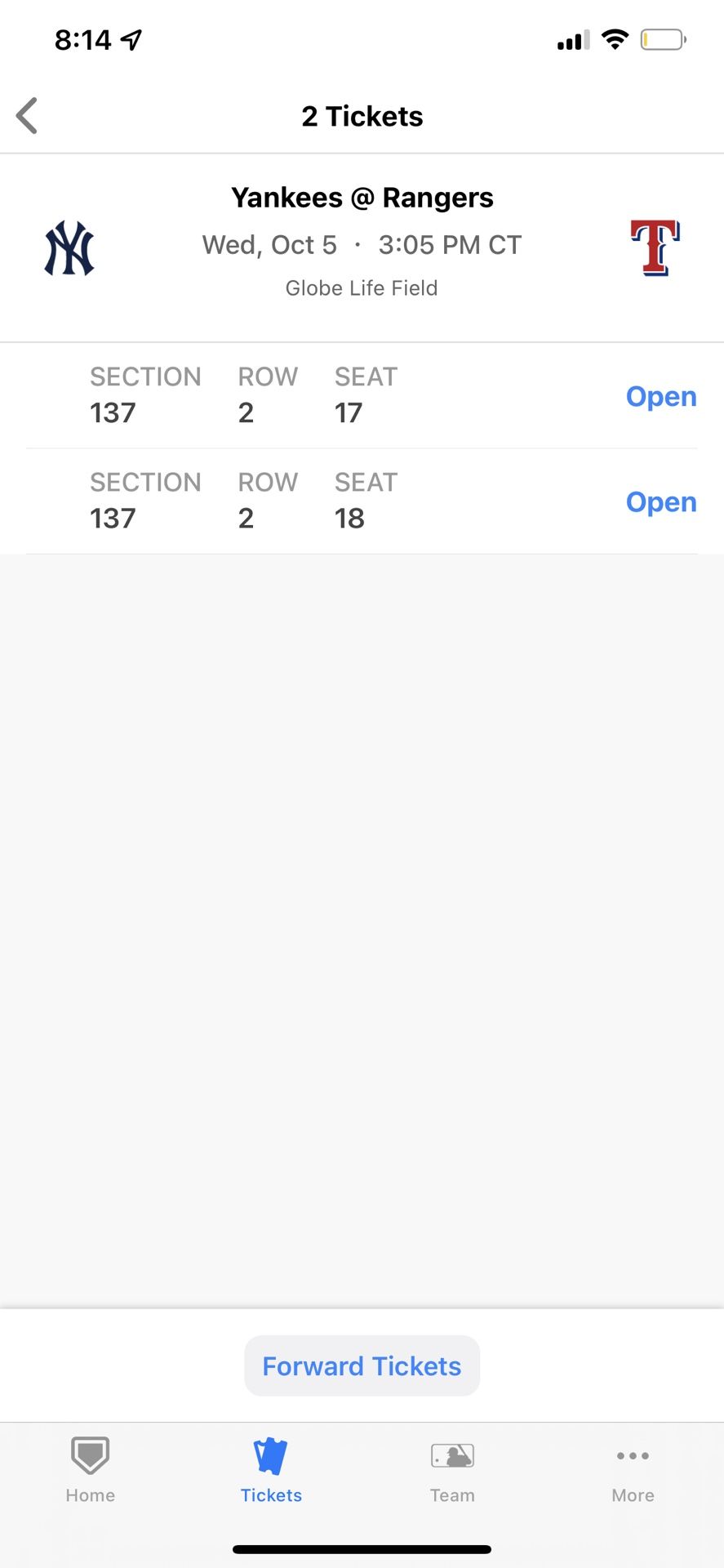 Yankees Vs Rangers 10/5 Outfield Row 2