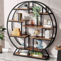 Tribesigns Bookshelf, Round Etagere Bookcase, 63-Inch Industrial Wood Bookshelf with Tiered Shelves, Rustic Open Bookshelf Organizer Rack Brand New st