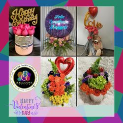 bouquet of balloons and flower arrangements