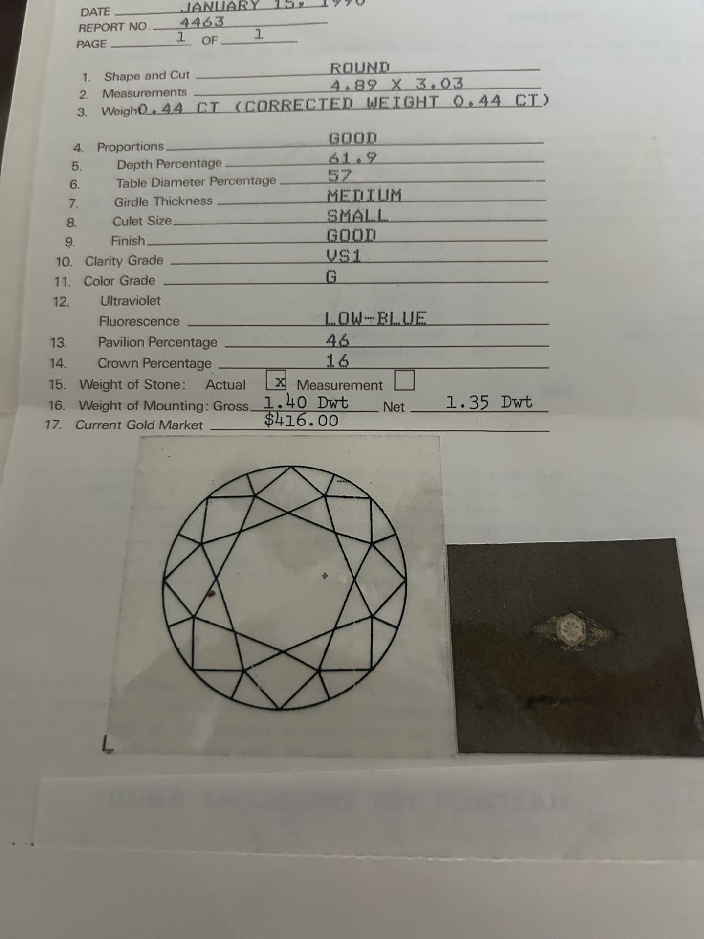 .44 Carot Diamond Ring Size 7