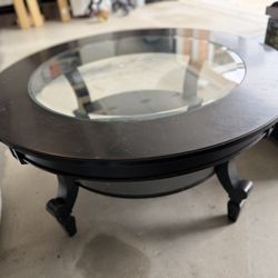 Round Coffee Table with Glass Center – Dark Wood