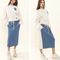 NWT Blue Denim and  Antique White Contrast MIDI Skirt 