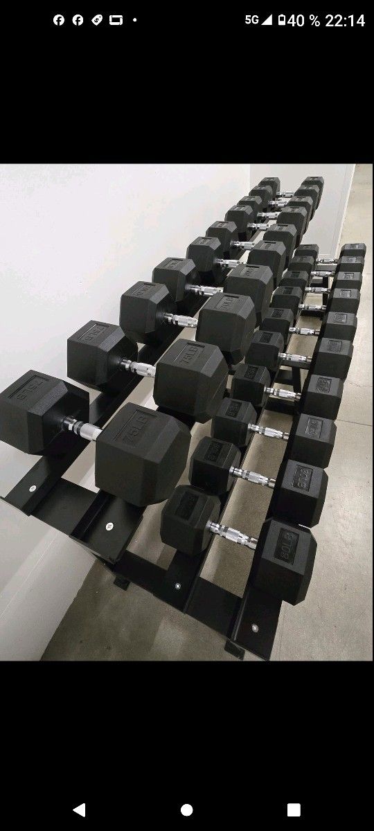RUBBER HEX DUMBBELLS SET:
55lb - 100lb. WITH THE RACK.