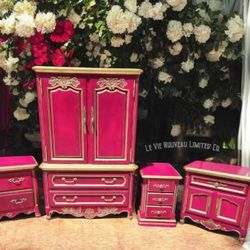 Vintage Hand Painted Gold Fuchsia French Provincial Armoire 4-Piece Set Custom Upcycled Bedroom Furniture Decor Hickory Manufacturing Co