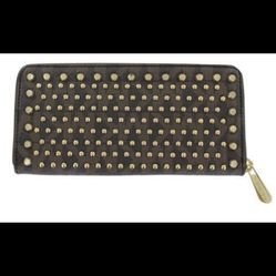 MICHAEL KORS JET SET TRAVEL BROWN MK PVC+GOLD STUD ZIP-AROUND CONTINENTAL WALLET