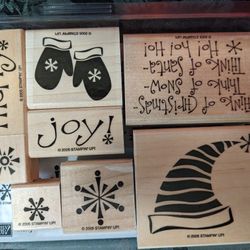 Stampin Up, 2005 Merry, Eight Piece Rubber Ink Wood Mounted Stamp Set - - Christmas