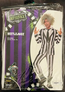 Adult Beetlejuice Striped Suit Costume (LARGE) Halloween Officially Licensed Tim Burton NEW IN PACKAGING, Horror