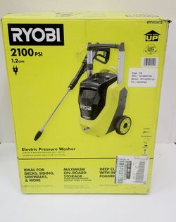 Ryobi electric pressure washer has a 2100 PSI and 1.2 GPM rating. This Ryobi RY142012 model is lime green and black with a metal spray wand. It includ