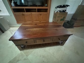 Wood table with storage bins