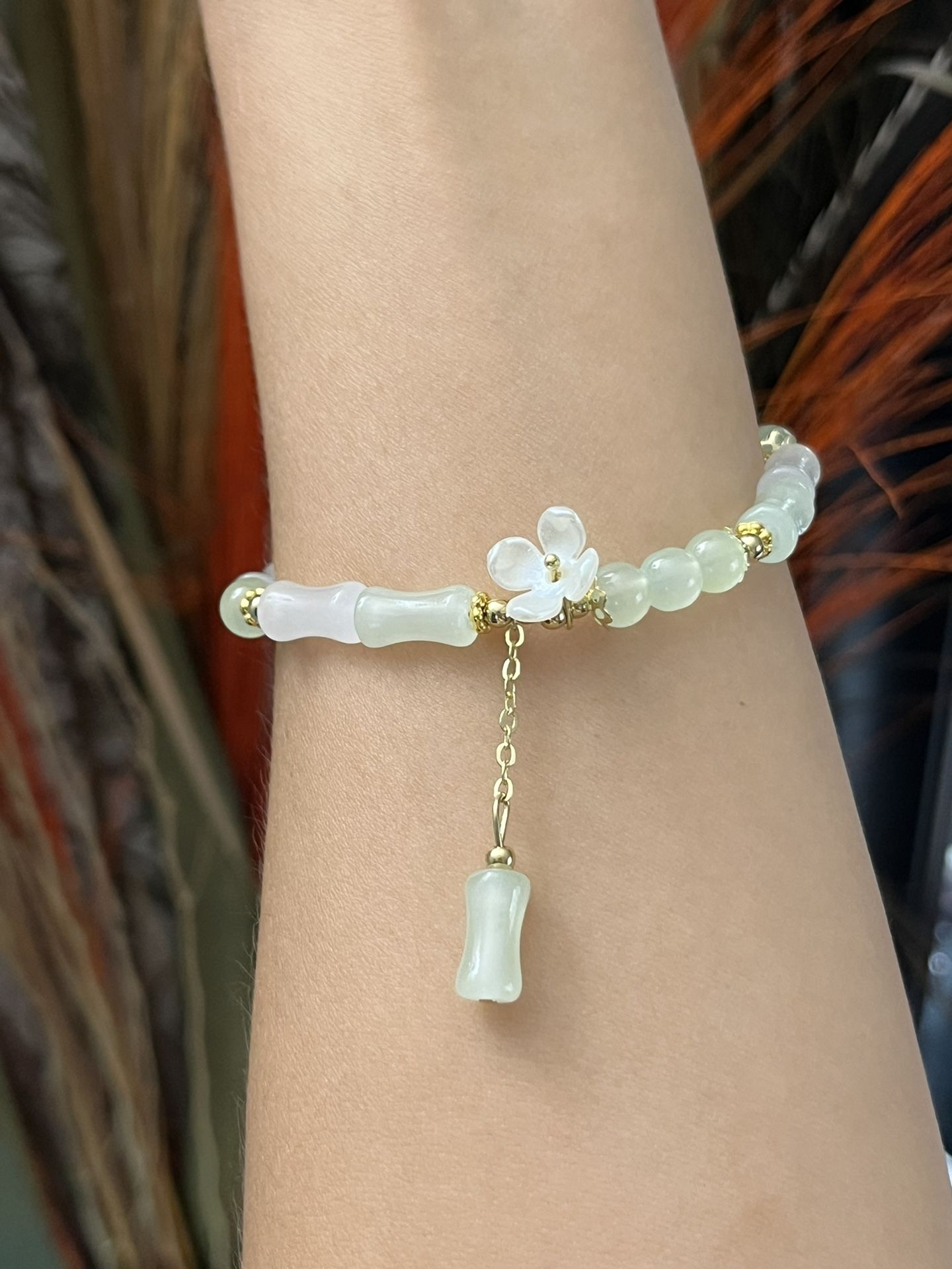 White light green White jade bamboo style flowers beads gold bracelet