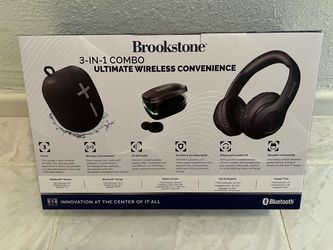 Brookstone 3-in-1 Wireless Kit – Headphones, Earbuds & IPX4 Speaker – New in box