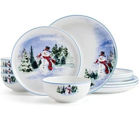 Mikasa Snowman Forest Chip Resistant 12 Piece Dinnerware Set, Service for 4