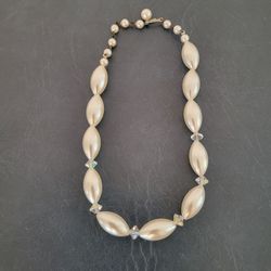 Necklace - Oval Shape Faux Baroque Pearl with Crystal Look Spacers
