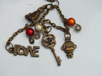 Charm Necklace, Animals, Key, Love, Beads, 30" Chain, Bronze Color