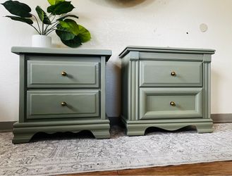🪴 Gorgeous Vintage Solid Wood Olive Green Nightstands! Delivery Available! 👀