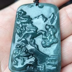 Mountain Theme Jade Pendant With Black Cord 