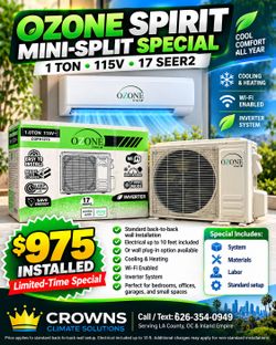 MINI-SPLIT ● HEATING & COOLING ❄️🔥 OZONE SPIRIT SPECIAL — $975 INSTALLED!