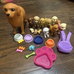 Barbie Newborn Pups Mom Golden Retriever Dog, 3 Baby Puppy Pets & 20 Extra Items