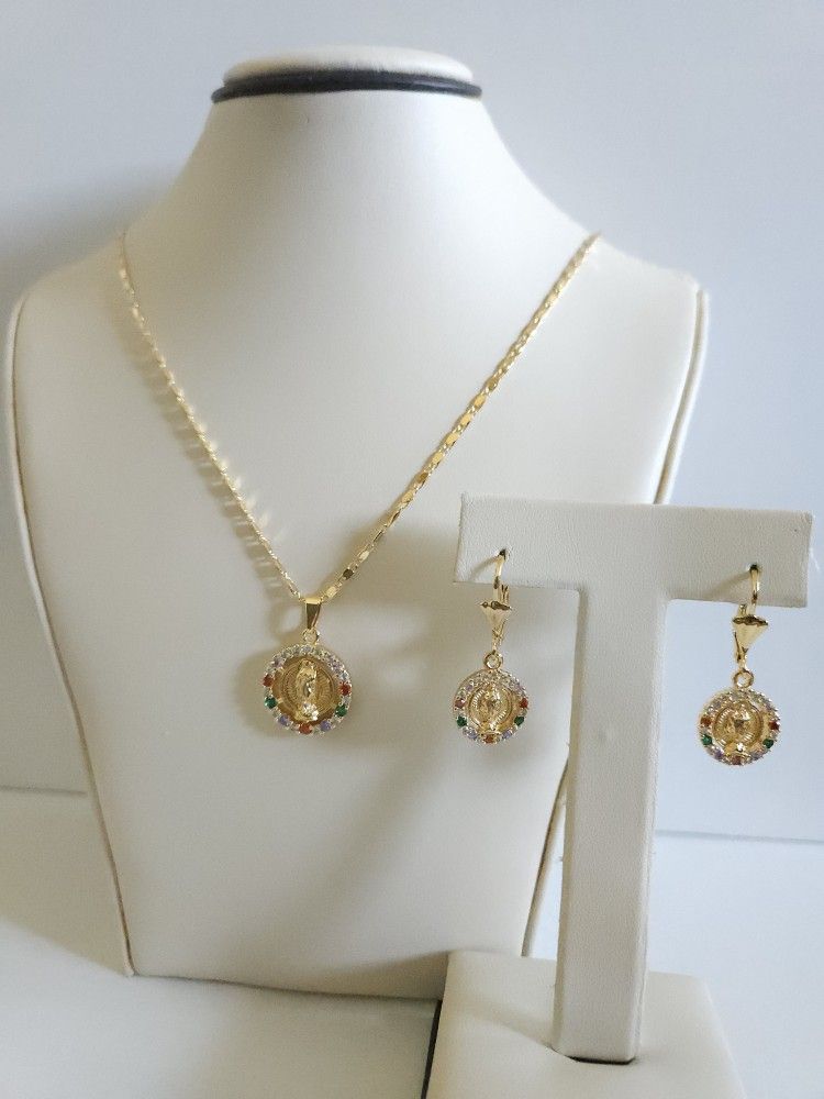 Virgen de Guadalupe charm Necklace chain earrings Set gold plated