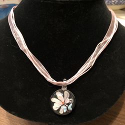 Pink Glass Flower And Butterfly Pendant Necklace 