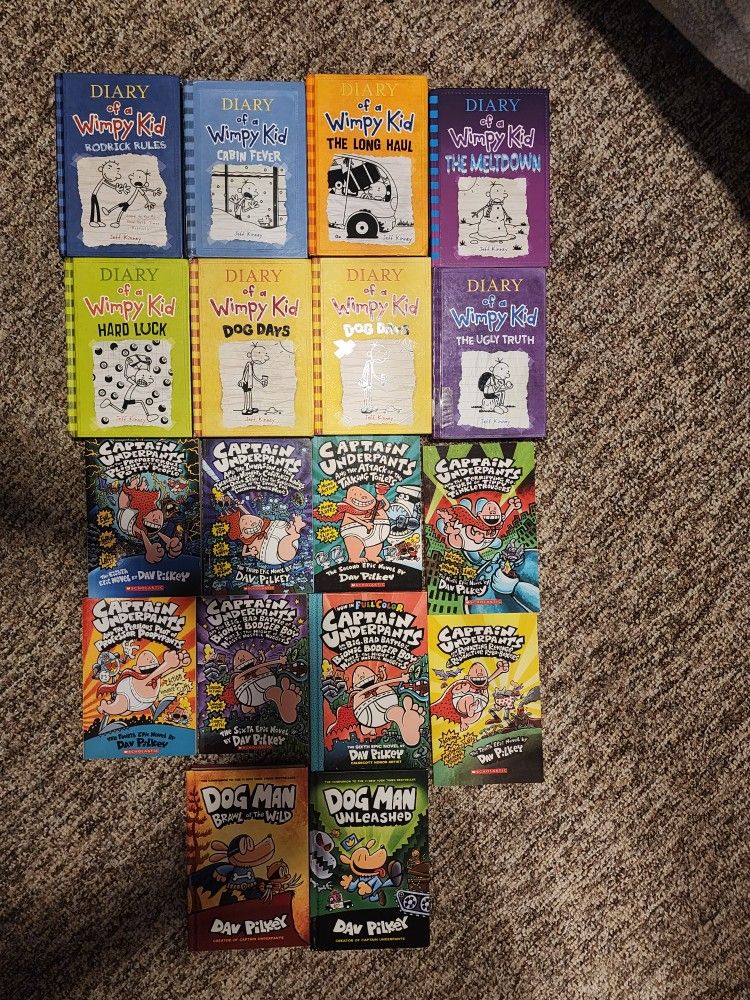 Dog Man, Captain Underpants, and Diary Of A Wimp Kid Books.