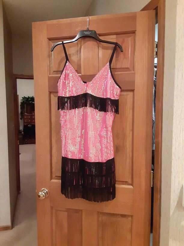 Pre-owned Pink Sequin Black Fringe Dress Size 12